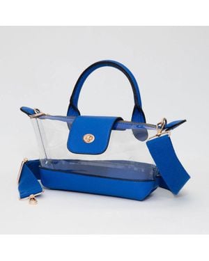 Fashnzfab Faux Leather Compact Transparent Top Handle Crossbody Bag - Blue