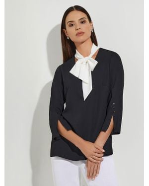 Misook Contrast Tie V-Neck Crepe De Chine Blouse - Blue