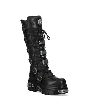 New Rock M-161-C10 Knee High Leather Spiked Gothic Boots - Black