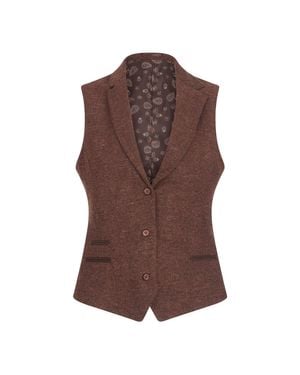 Oliver Tweed Infinity Leather Rust Herringbone Wool Tweed Check Waistcoat - Brown