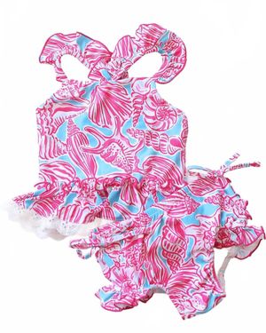 Charlies Project Girl's Seashells By The Seashore Ruffle Two Piece Tankini Swimsuit - Pink
