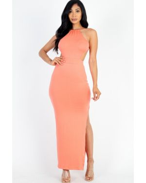 TRUEDAMES Tie Backless Split Thigh Maxi Dress - Orange