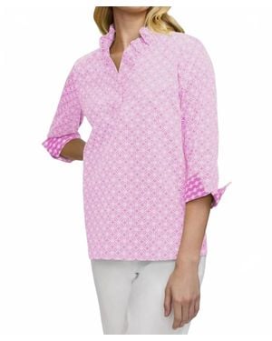 Foxcroft Tammy Geo Lattice 3/4 Sleeve Popover Shirt - Pink