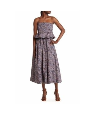 Nackiyé Floral Ditsy Pintuck Peplum Strapless Midi Dress - Purple