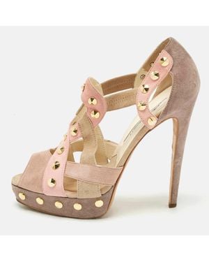 Brian Atwood Cut Out Studded Suede Peep Toe Platform Sandals - Natural