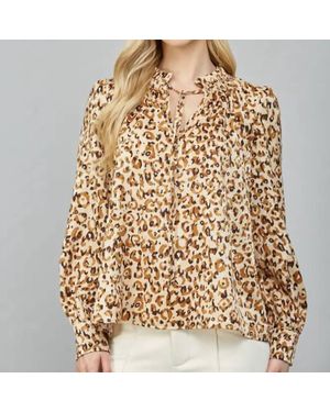 Fate Animal Print Ruffled Tie Neck Blouse - Natural