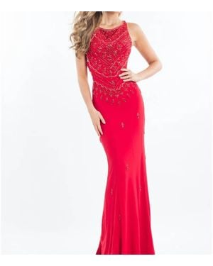 Rachel Allan Scoop Neck Beaded Jersey Prom Gown - Red