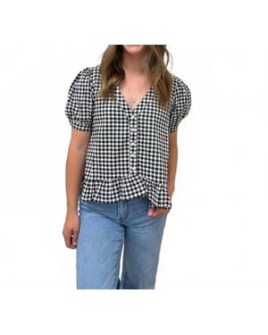Vine & Love Puff Short Sleeve V-Neck Gingham Blouse - Black