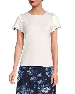 Tahari Top Star Stretch Flutter Sleeve Crew Neck Fts1328 - White