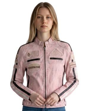 Infinity Leather Biker Racing Badges Leather Jacket-Incheon - Pink