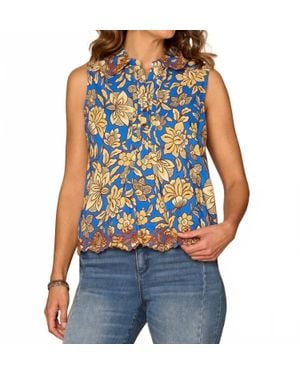 Democracy Sleeveless Half Placket Printed Embroidered Woven Top - Blue