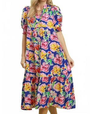 Umgee Floral Print Puff Sleeve Tiered Midi Dress - Multicolor