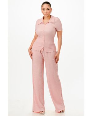 TRUEDAMES Textured Polo Top And Pants Set - Pink