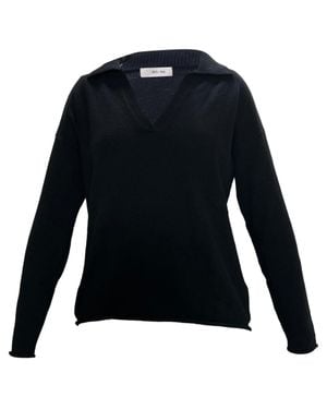 Iris & Ink Collared V-Neck Sweater - Black