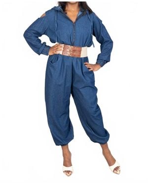 Kara Chic Hooded Denim Jumpsuit - Blue