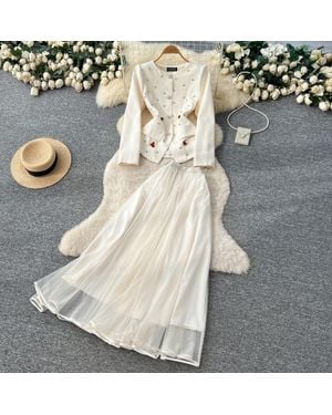 TRUEDAMES Luxe Beaded Mesh Skirt Set Fall Slim-Fit High-Waist Two-Piece, Embellished Tulle Midi - Natural
