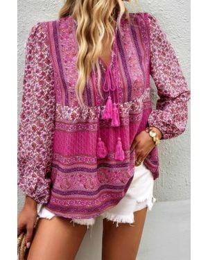 TRUEDAMES Tie Neck Boho Floral Tunics Long Sleeve Shirt - Pink