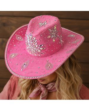 Fashnzfab Bold Decorative Floral Bling Rhinestone Embellished Western Cowboy Hat - Pink