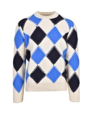 Kangra Crewneck Sweater With Bold Argyle Pattern And Textured Details - Blue
