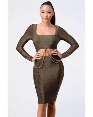 TRUEDAMES Luxe Waist Chain Cut-Out Detail Square Neck Glitter Bodycon Dress - Green