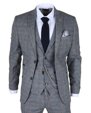 Infinity Leather Light Check Tweed 3-Piece Suit Vintage Pattern Tailored Fit Woolen Suit - Blue