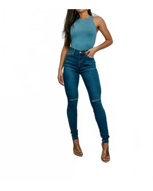 SurelyMine Just A Little Knee Cut High Waisted Great Stretch Jeans - Blue