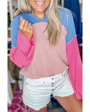 TRUEDAMES Color Block Patchwork Corded Knit Loose Fit Hooded Blouse - Pink