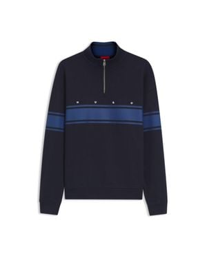 HUGO Zipper Neck Cotton Sweatshirt With Printed Stripes - Blue