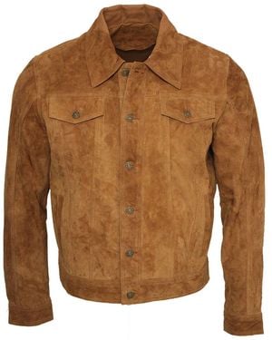 Infinity Leather Trucker Classic Suede Leather Shirt Jeans Jacket - Brown