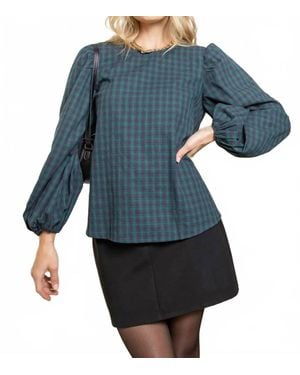 She + Sky Puff Long Sleeve Checkered Blouse - Blue