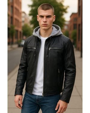 Infinity Leather Hooded Biker Lamb Leather Jacket - Black