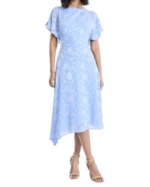 Maggy London Solid Flutter Sleeve Asymmetrical Hem Midi Dress - Blue