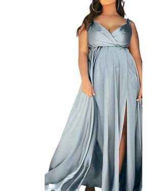 Cinderella Divine Flowy Satin V-Neck A-Line Gown With Leg Slit - Blue