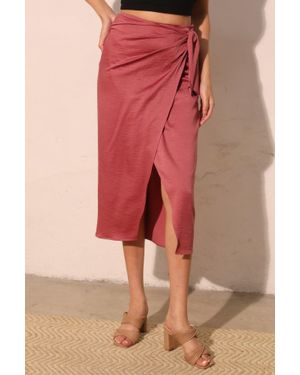TRUEDAMES Washed Satin Crepe Side Wrap Midi Skirt - Pink