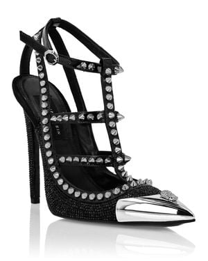 Philipp Plein Leather Strass Sandals High Heels Studs - Black