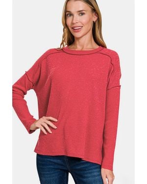 TRUEDAMES Full Size Exposed Seam Brushed Round Neck Sweater - Red
