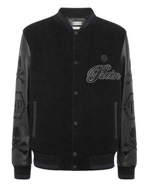 Philipp Plein Wool & Leather Varsity Bomber Jacket Patches Stones - Black