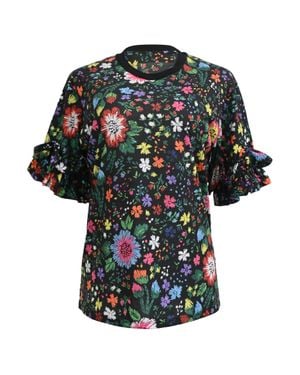 Victoria Beckham Floral-Printed Printed Ruffle T-Shirt - Black