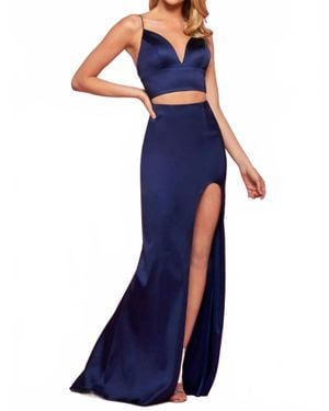 Sherri Hill High Slit Satin Trumpet Maxi Skirt Set - Blue