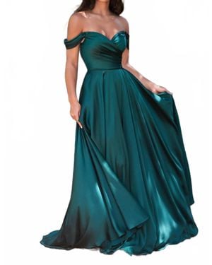 Cinderella Divine Off Shoulder A-Line Satin Dress - Green
