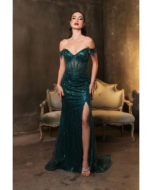 TRUEDAMES Gala Dress Prom Off-Shoulder Sequin Sheath Gown - Brown
