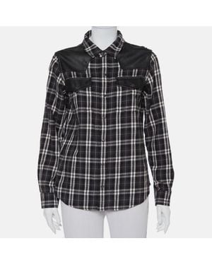 Current/Elliott Current/Elliott Monochrome Checkered Cotton Faux Leather Detail Button Front Shirt - Black