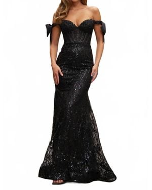 Sherri Hill Sequin Lace Off The Shoulder Fitted Gown - Black
