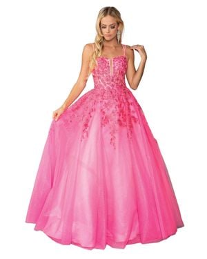 DQ Lace Embellished Gown With Tulle Overlay And Crisscross Back Detail Prom Dress - Pink