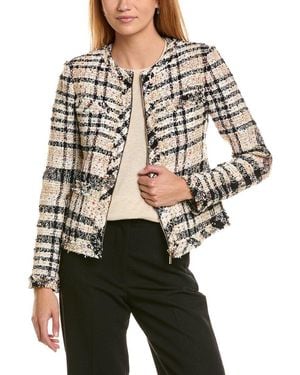 St. John Degrade Soft Plaid Tweed Fringe Detail Cr - Natural