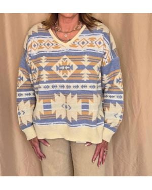 Main Strip Southwestern V-Neck Knit Sweater - Blue