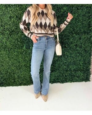 Aaron & Amber Argyle Pattern Collar Sweater Top - Green