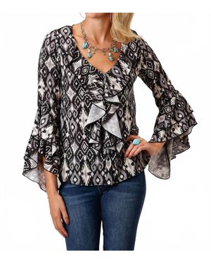 Roper Ikat Long Sleeves Ruffled Blouse - Black