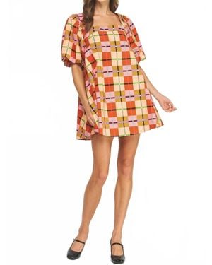 Strut & Bolt Hidden Path Puff Sleeve Plaid Dress - Orange