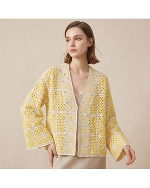 TRUEDAMES Boho Granny Square Crochet Patchwork Open Front Cardigan - Natural
